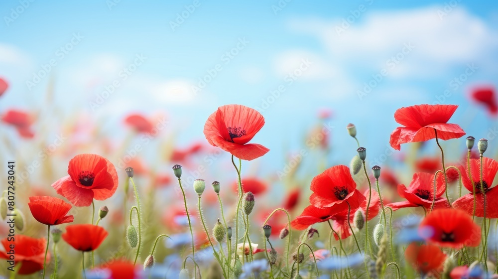 Obraz premium Beautiful closeup of poppies poppy Papaver rhoeas flowers in nature. Natural spring summer landscape with red poppies
