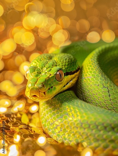 green snake on a background of gold sequins with space for text.