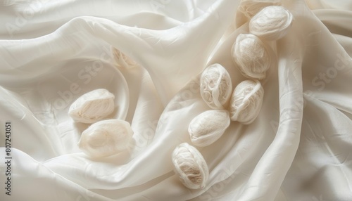 Silkworm cocoons on white silk background photo