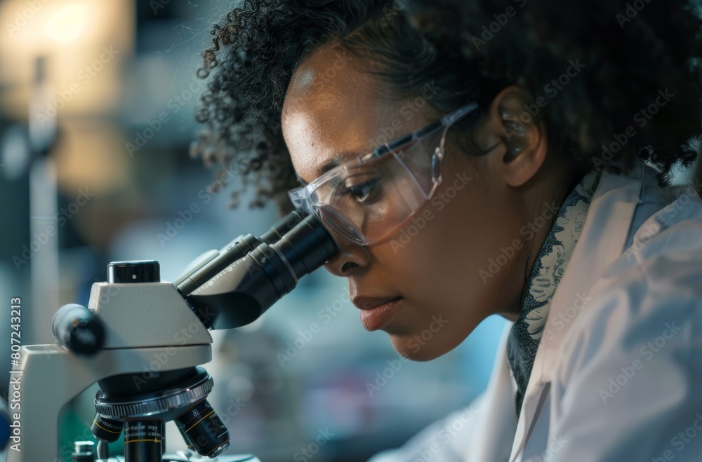 A focused black female science student conducts research, studying through a microscope with determination A focused black female science student conducts research, studying through a microscope with determination