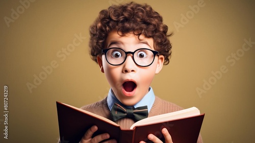 Little boy is shocked by what he is reading in a book. photo