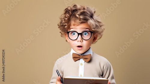 Little boy in glasses holding tablet looking amazed. photo