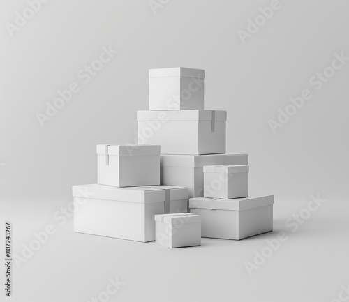 A set of white boxes are stacked on top of each other in the center of an empty space with a white background