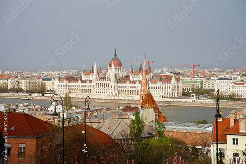 Panoramic view on skyline of Budapest city along Danube River. Architecture of capital of Hungary with historical buildings and famous landmarks