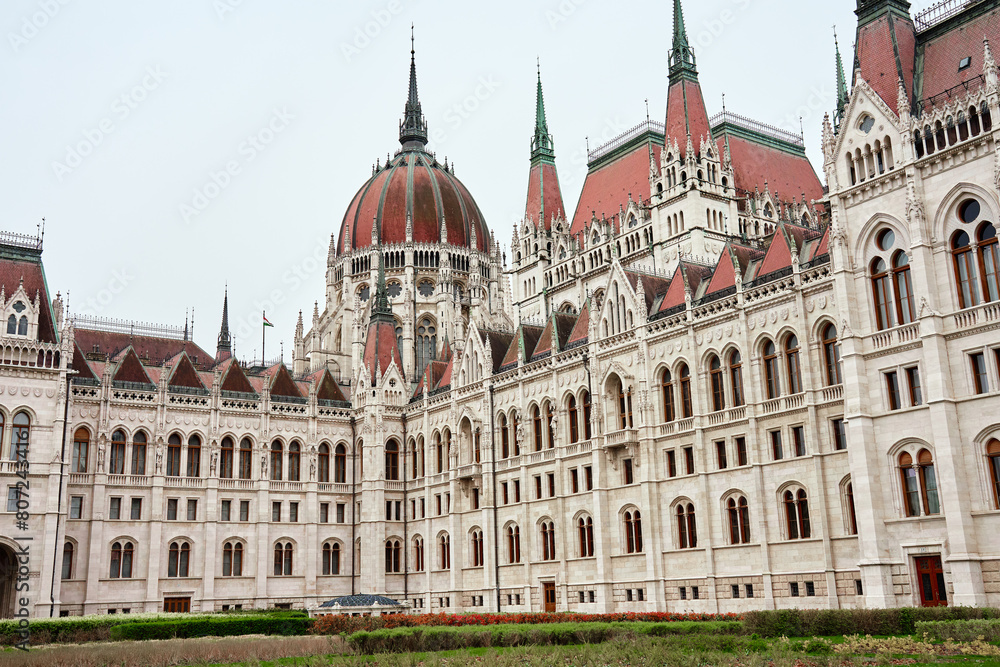 Hungarian Parliament. Famous landmark in Budapest. Detailed view of historical building