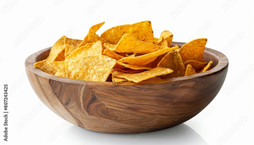 Snack of nachos or corn tortilla chips in a wooden bowl Snack of nachos or corn tortilla chips in a wooden bowl