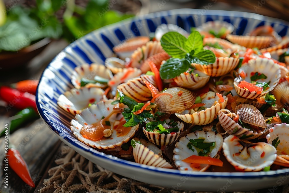 Spicy blood cockles salad with Thai style herbs and vegetables Spicy blood cockles salad with Thai style herbs and vegetables