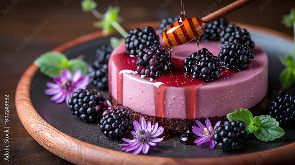A slice of cake adorned with fresh berries and drizzled with honey, topped with a buzzing bee A slice of cake adorned with fresh berries and drizzled with honey, topped with a buzzing bee