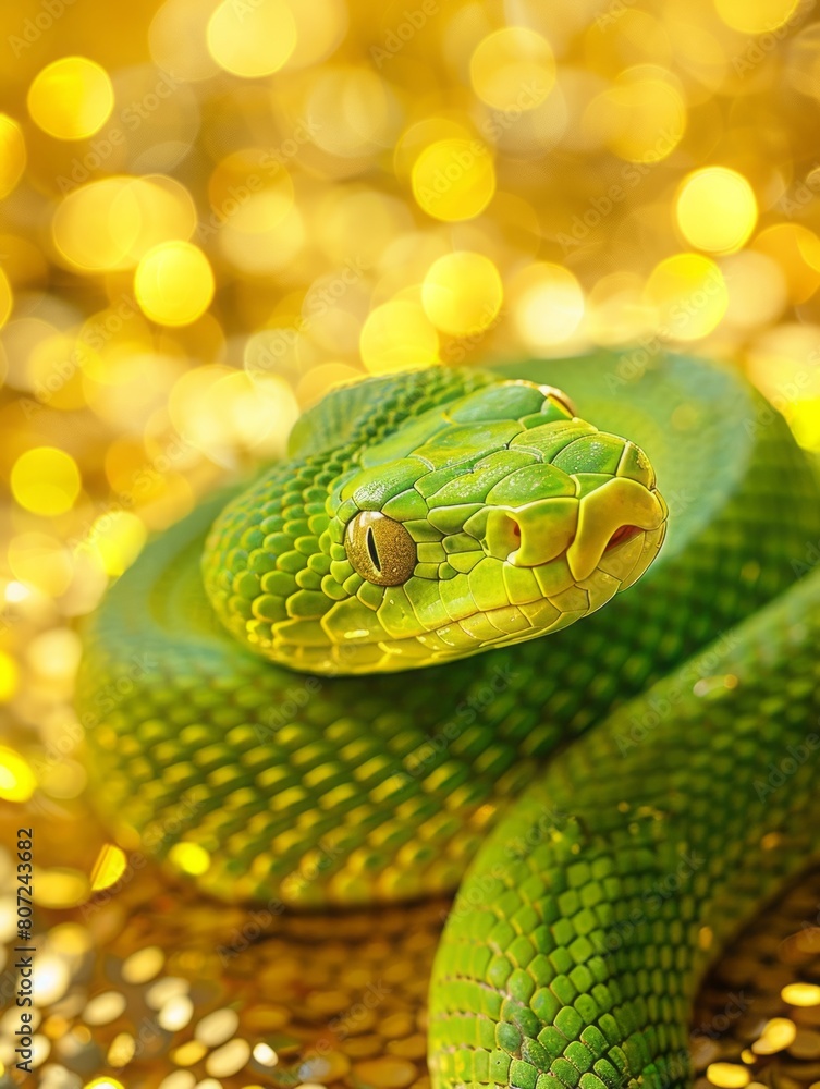 green snake on a background of gold sequins with space for text. green snake on a background of gold sequins with space for text.
