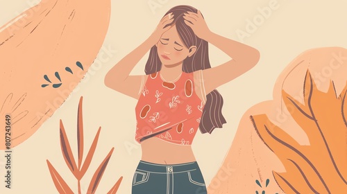 illustration of  young woman suffering from headache on pastel background. photo