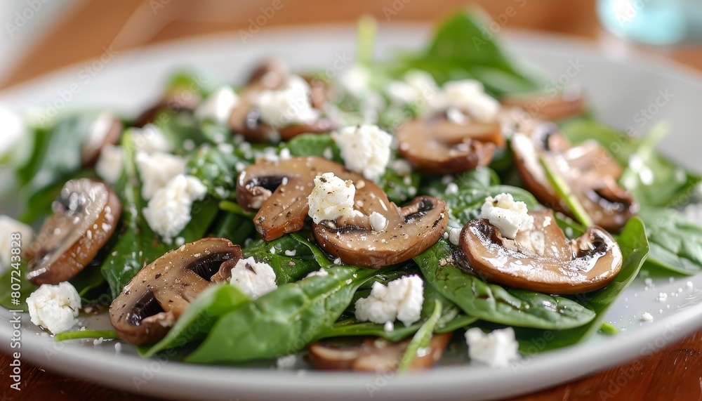 Spinach mushrooms feta cheese on a plate Spinach mushrooms feta cheese on a plate