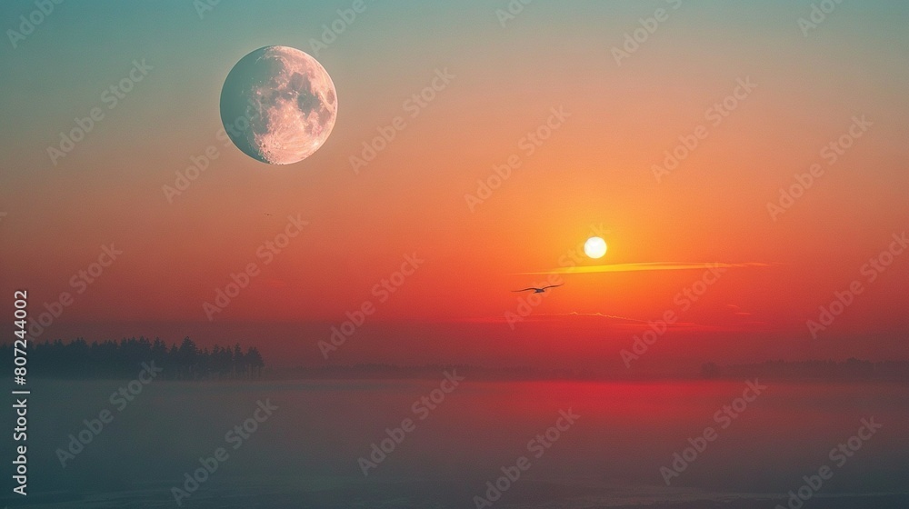 A stunning sunset captures a bird flying in the foreground and a majestic moon in the backdrop A stunning sunset captures a bird flying in the foreground and a majestic moon in the backdrop