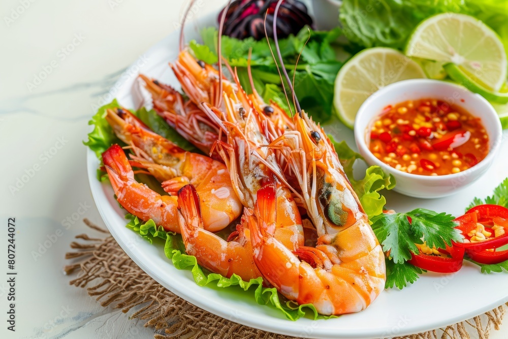 Steamed shrimp salad with spicy lemon sauce and fresh greens on white plate Steamed shrimp salad with spicy lemon sauce and fresh greens on white plate