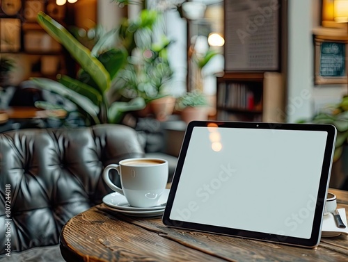 Closeup of a blank digital tablet screen in a cozy cafe setting, displaying the devices versatility for various digital artworks or app interfaces