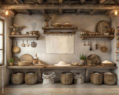 Artisanal bakery kitchen with a live doughmaking area, including blank flour sacks and wooden baking tools on display, perfect for a handson bakery experience mockup