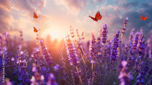 A Summer Meadow Abloom with Lavender Flowers and Butterflies on a Sunny Day photo