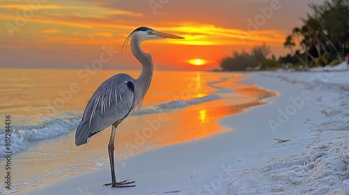   A bird perched on a sandy shore  facing the vast ocean and bathed in the warm glow of a beautiful sunset