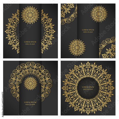 Four square backgrounds in black with a gold mandala. Luxury ornament in the design of a card, invitation, cover, packaging.