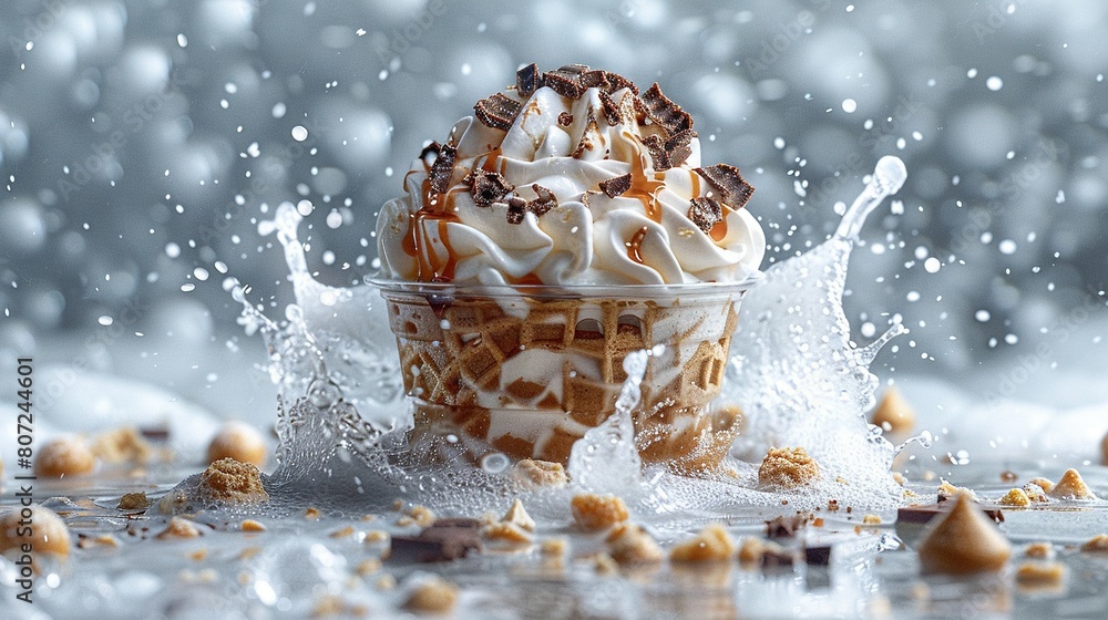 An ice cream sundae with whipped cream and caramel toppings on a table, splashed with water An ice cream sundae with whipped cream and caramel toppings on a table, splashed with water