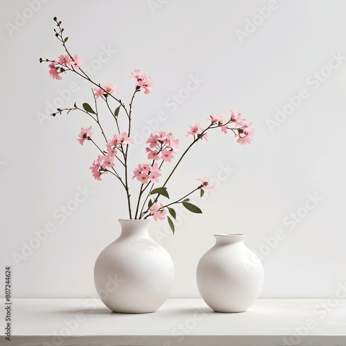 Elegant cherry blossoms in white ceramic vases on a minimalist background