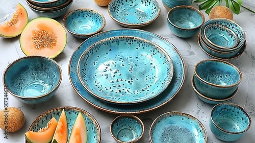  A table displays numerous blue bowls containing halved melons