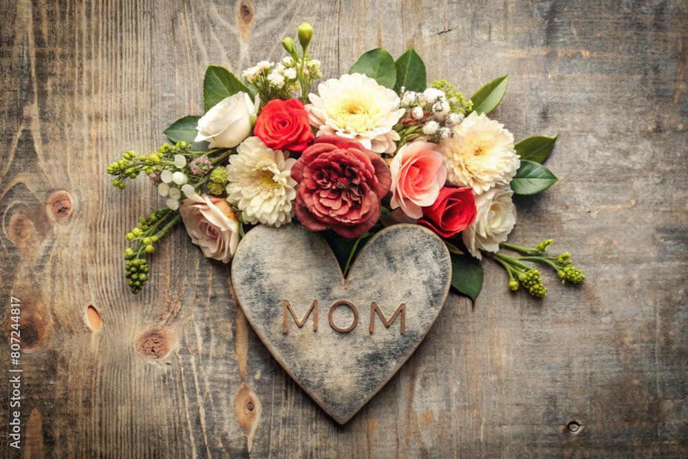 A postcard, a banner for Mother's Day with red flowers, hearts on a vintage gray wooden background. A postcard, a banner for Mother's Day with red flowers, hearts on a vintage gray wooden background.