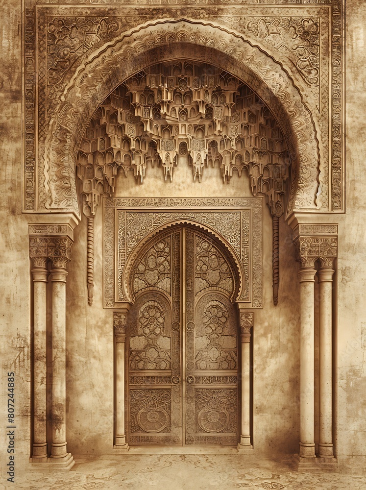 A symmetrical photo of an ornate Islamic door with intricate patterns and arched motifs