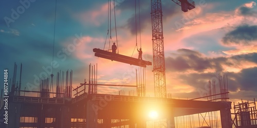 Silhouetted construction scene with cranes and scaffolding against the backdrop of a sunrise, symbolizing development and growth