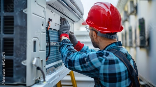Skilled Technician. Installing an Air Conditioner on the Wall with Precision and Care