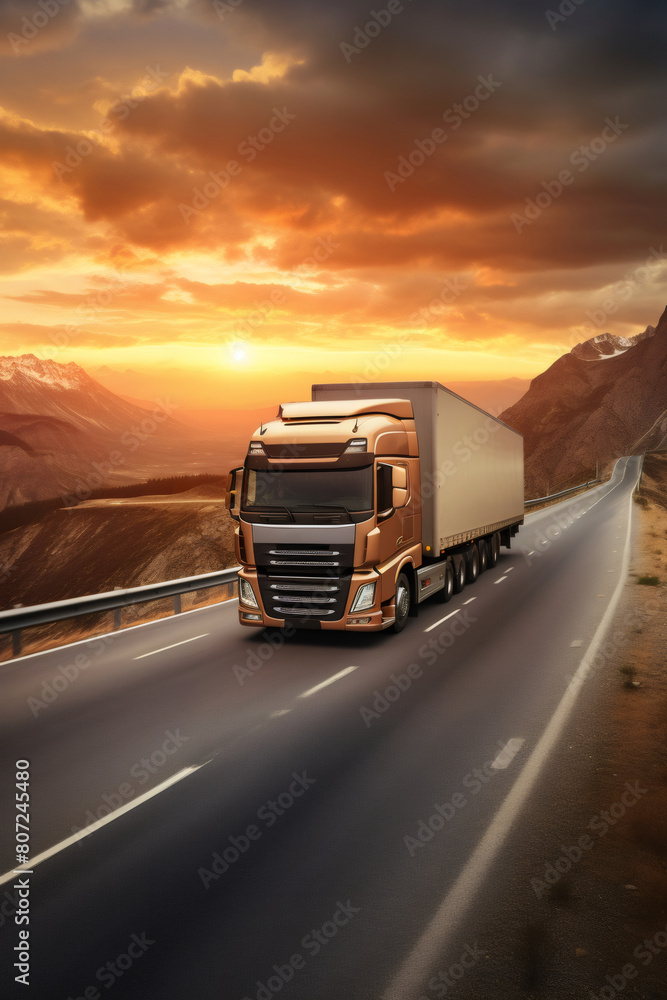 European truck vehicle on motorway with dramatic sunset light. Cargo transportation and supply theme. International logistic