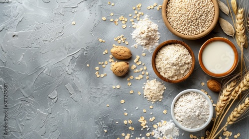 Oat Milk, Flour, Dry Flakes, and Whole Grains in a Top-Down Perspective