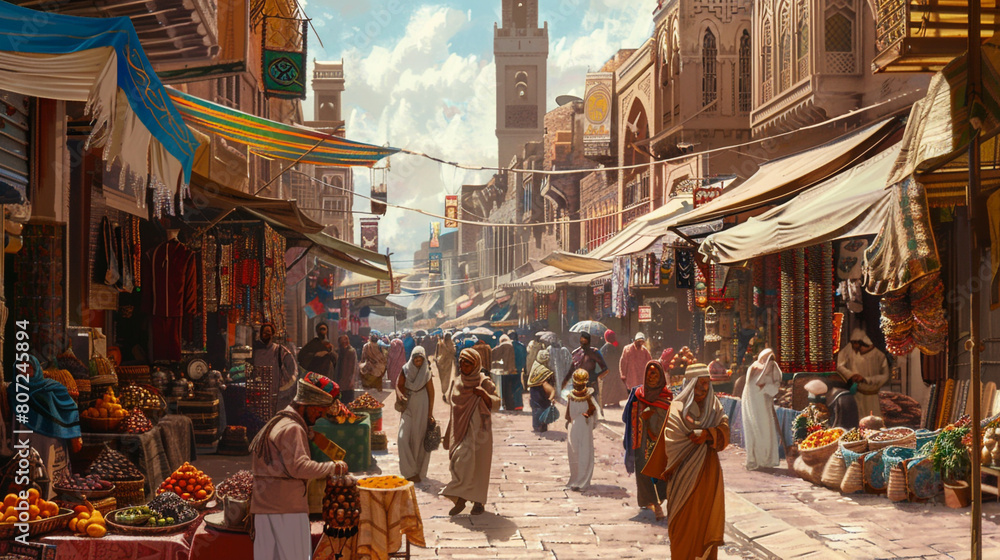  A busy street market where merchants are selling things from all over the world and customers are engaging in a lively exchange of culture and commerce.