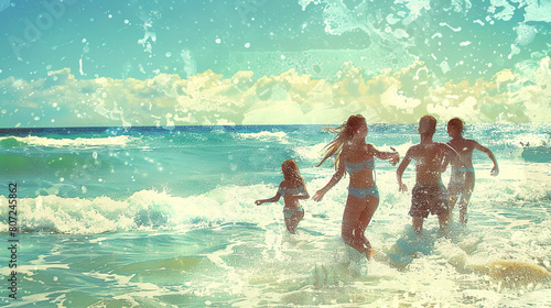 A bunch of pals spending a day at the beach together, building sandcastles, swimming and taking in the sun and surf as they relish happy and carefree times by the water..