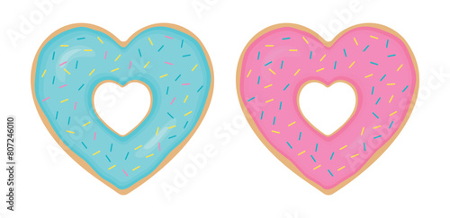 Glazed donut - heart. Cute cartoon donut with pink and turquoise sprinkles. Isolated donut. Pink and turquoise bagel.