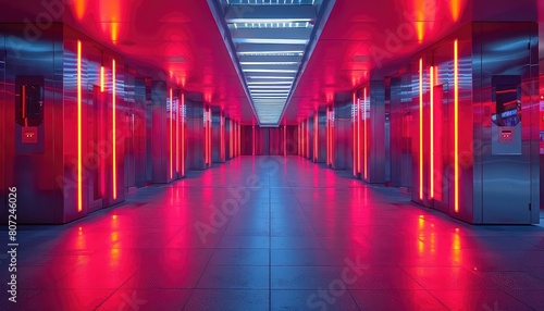 A long, brightly lit futuristic sci-fi corridor with red neon lights reflecting off the shiny metal walls and floors.