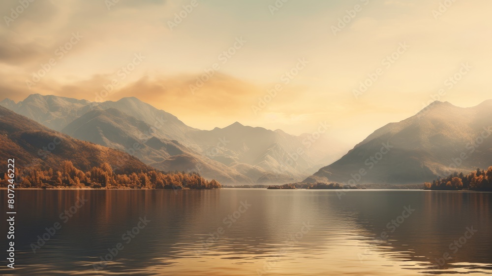 Fototapeta premium The sun is casting a golden glow as it sets over a tranquil lake surrounded by trees, creating a serene natural landscape with a calm horizon