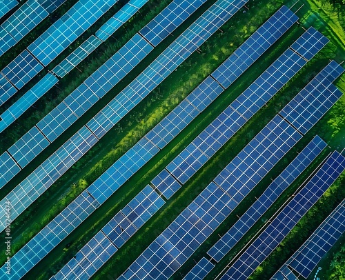 Aerial view of a modern solar farm with rows of photovoltaic panels for green energy production on a clear sky day in Europe