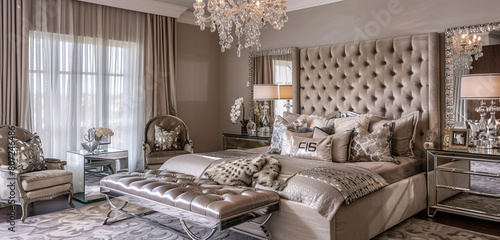 A luxury master bedroom with a glamorous touch, featuring a large upholstered headboard, mirrored furniture pieces, and a dramatic crystal chandelier. 