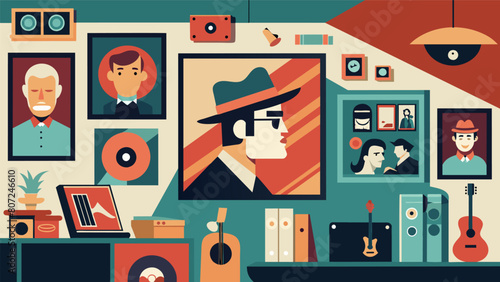 The walls of the room are adorned with vintage music posters and photographs adding to the overall nostalgic atmosphere.. Vector illustration