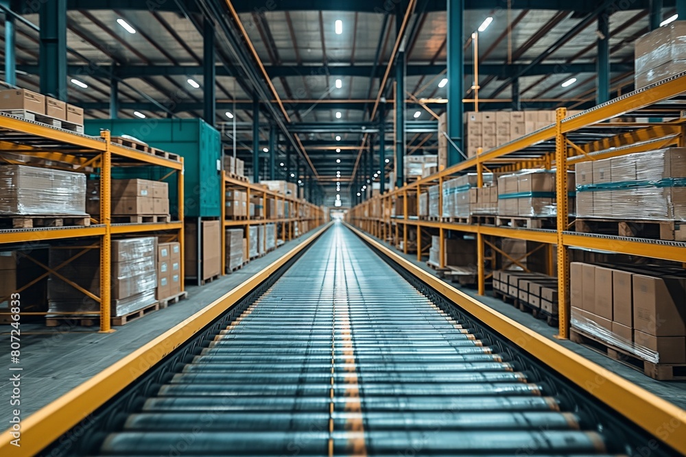 Long conveyor belt flanked by yellow shelves stacked with boxes in a warehouse