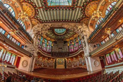 Concert hall of Palace of Catalan Music, concert hall designed in the Catalan modernista style, built 1905-1908, Barcelona, Spain