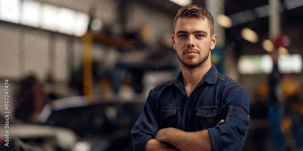 Young auto mechanic sporting a confident look with arms crossed in a workshop Young auto mechanic sporting a confident look with arms crossed in a workshop