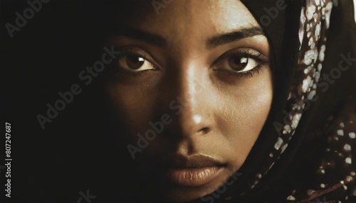 Intimate portrait of a young Middle Eastern woman wearing a hijab, her gaze thoughtful and illuminated by a soft light.