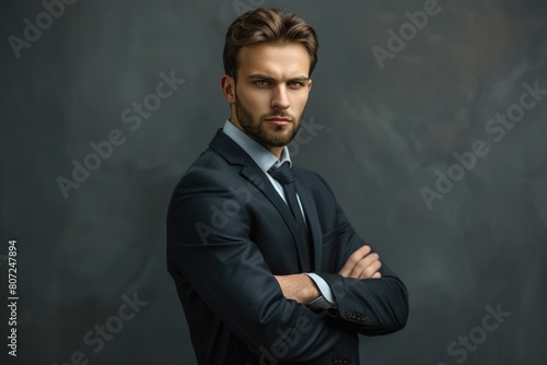 Serious Businessman in Suit with Confidence on Gray Background for Career Success