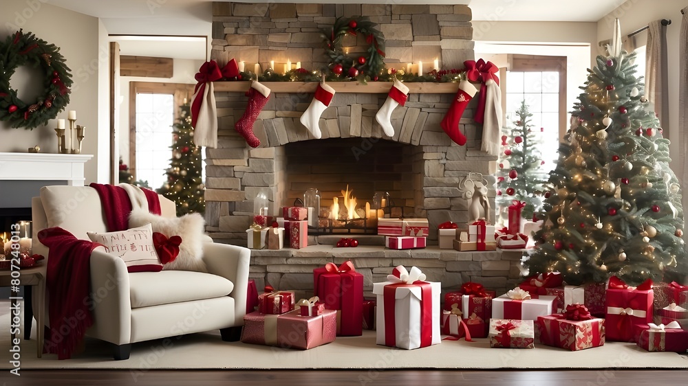 Surrounding elements like wrapped gifts, stockings, and holiday-themed decor can be included to add to the joyous atmosphere.