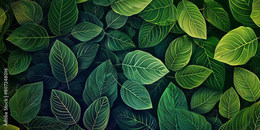 Background with a pattern of green leaves. Copy space.