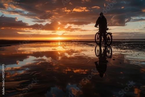 Tommy's Reflection: Sunset Silhouette at Seaham Beach with Family and Bike in Background photo
