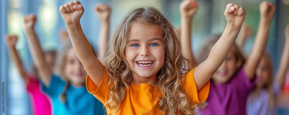 Fototapeta premium Happy girl raising arms in victory pose