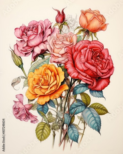 Antiquestyle botanical drawing featuring a variety of flowers in ink, enhanced with rich, colorful highlights, suitable for nostalgic themes photo