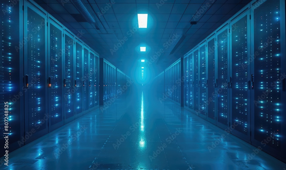 Fototapeta premium A long, dark hallway with blue lights on either side